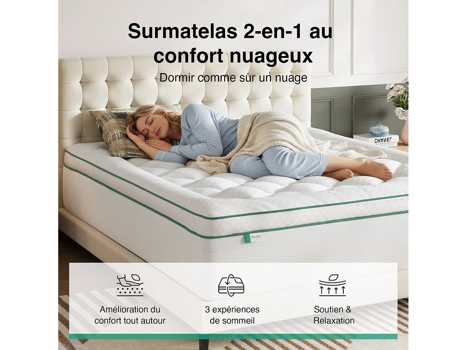 Novilla Surmatelas 2 en 1 90 x 190 cm, épaisseur 5 cm, mousse à mémoire de forme au gel, housse matelassée lavable
