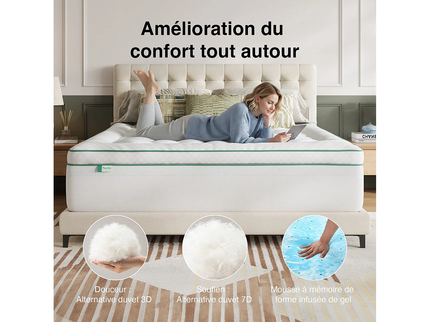 Novilla Surmatelas 2 en 1 90 x 190 cm, épaisseur 5 cm, mousse à mémoire de forme au gel, housse matelassée lavable