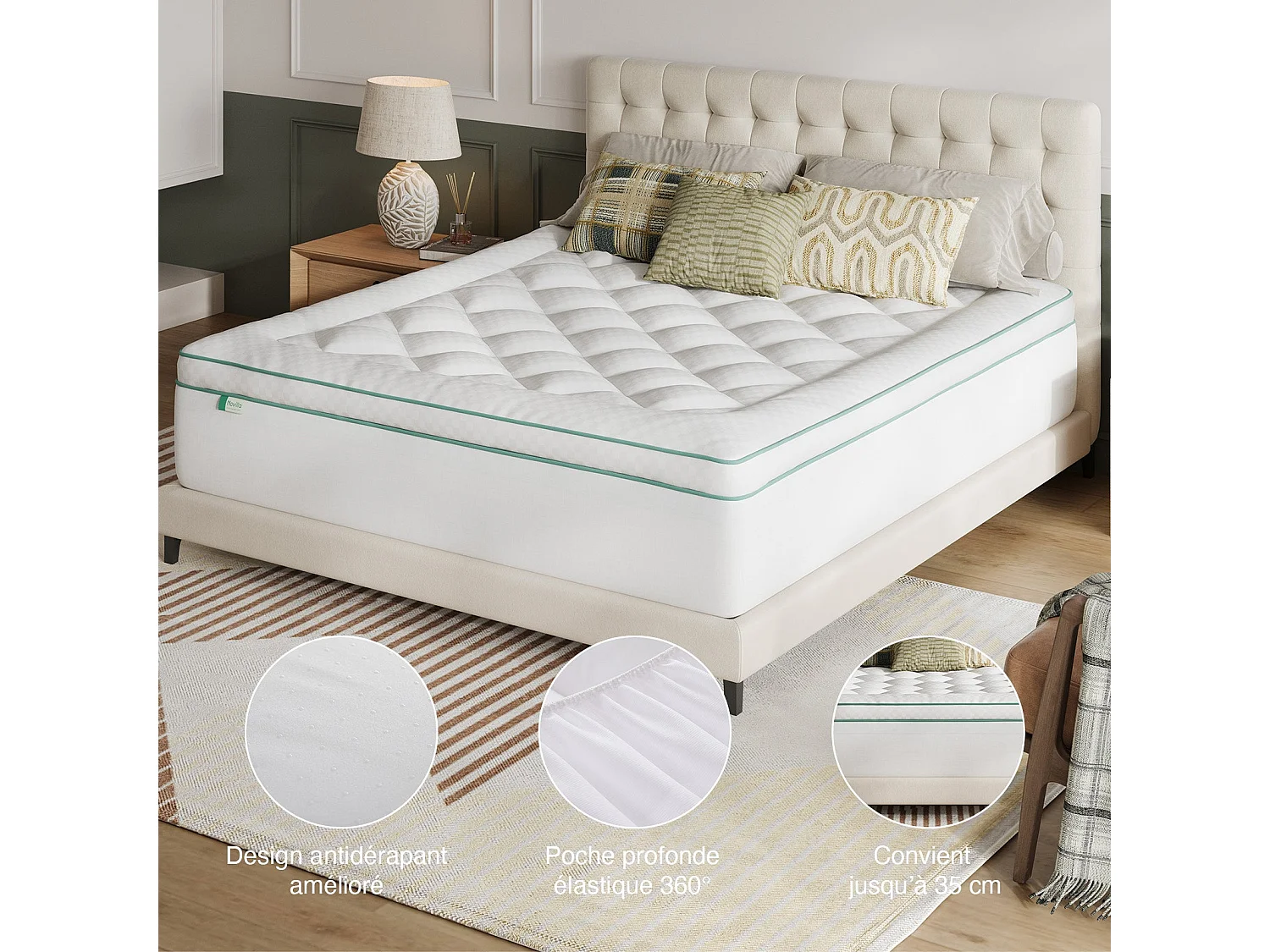 Novilla Surmatelas 2 en 1 90 x 190 cm, épaisseur 5 cm, mousse à mémoire de forme au gel, housse matelassée lavable