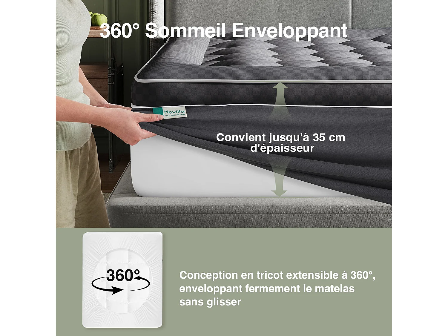 Novilla Surmatelas 180x200 cm - Épaisseur 3 cm - Matelassé Déperlant Effet Duvet - Bonnet Extensible 30 cm - Gris