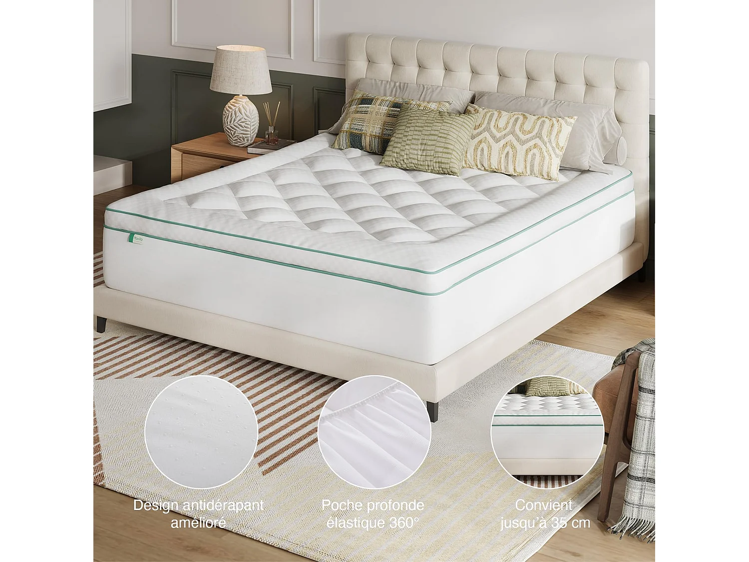 Novilla Surmatelas Mémoire de Forme 180x200 cm (Lit 1 Place), Topper Gel 2 en 1 avec Housse Matelassée épaisse, Design