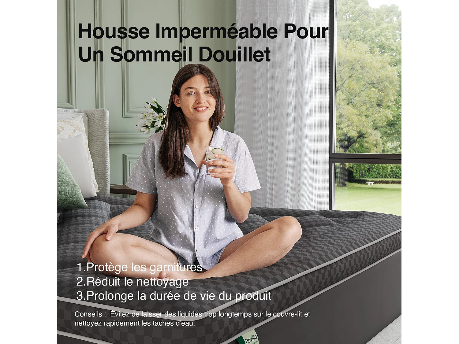 Novilla Surmatelas 140x190 cm - Épaisseur 3 cm - Matelassé Déperlant Effet Duvet - Bonnet Extensible 30 cm - Gris