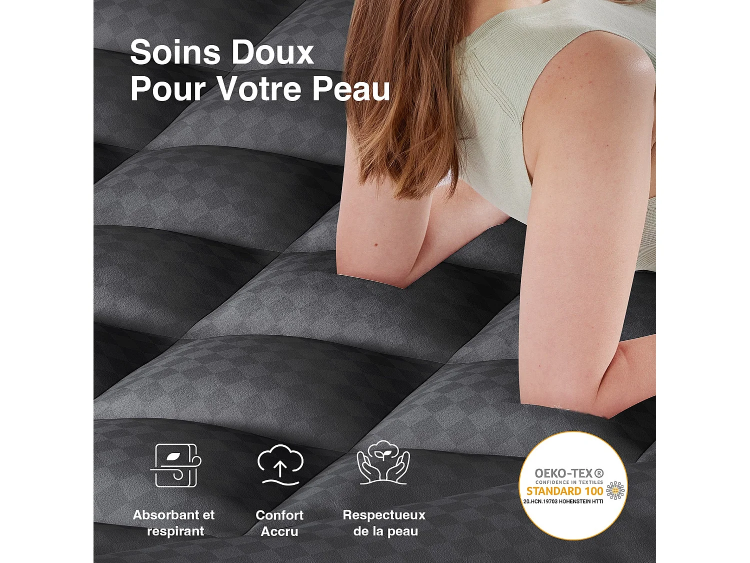 Novilla Surmatelas 140x190 cm - Épaisseur 3 cm - Matelassé Déperlant Effet Duvet - Bonnet Extensible 30 cm - Gris