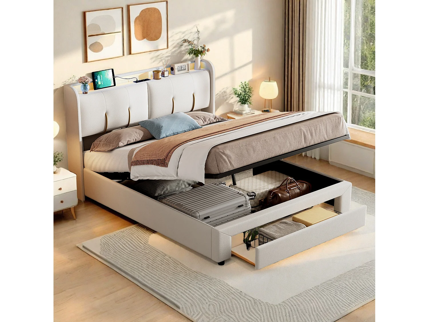 Lit coffre 160x200,Lit double avec Sommier à Lattes et 1 Tiroir,LED,USB et Type-C,Beige Velours