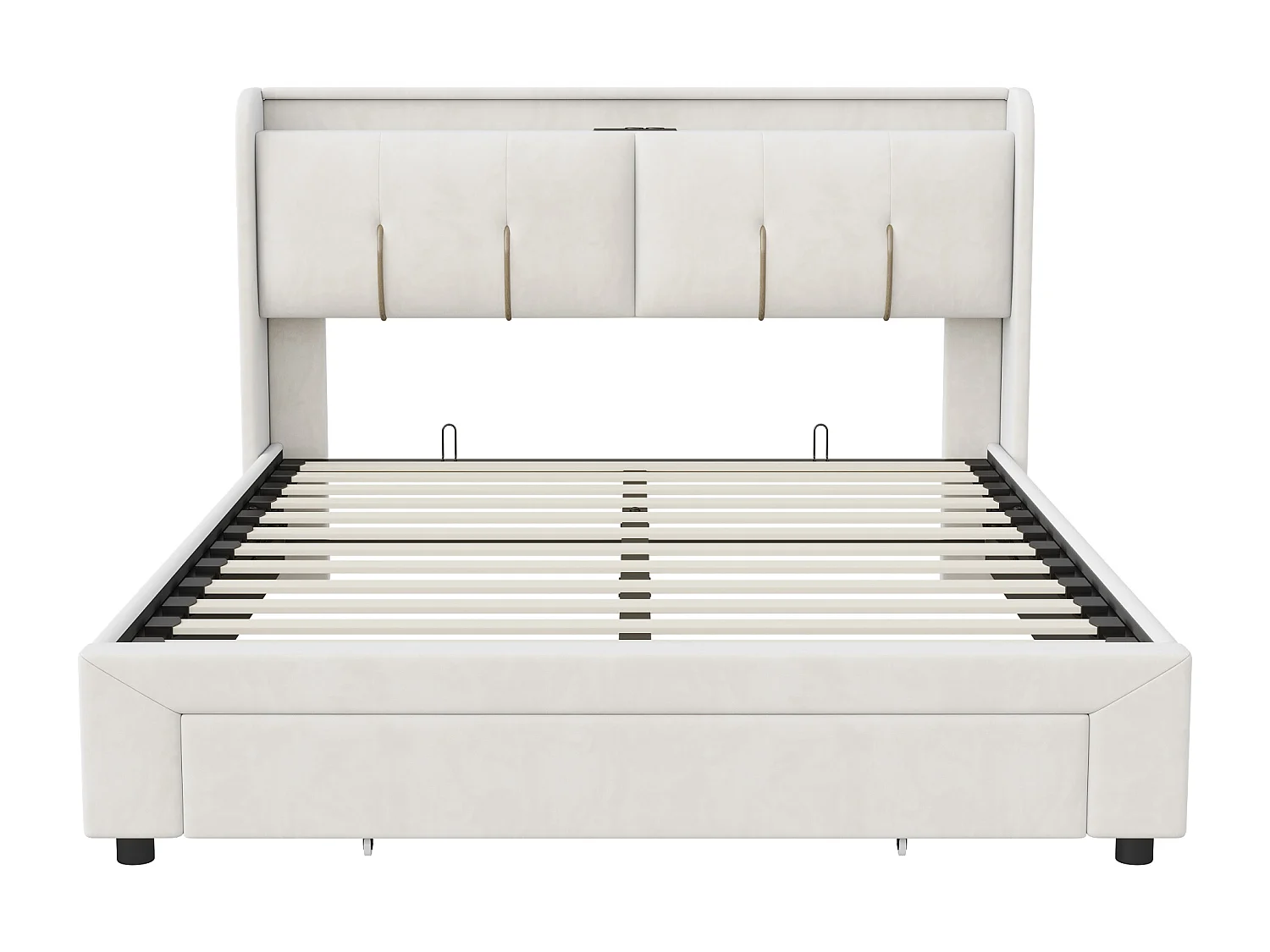 Lit coffre 160x200,Lit double avec Sommier à Lattes et 1 Tiroir,LED,USB et Type-C,Beige Velours
