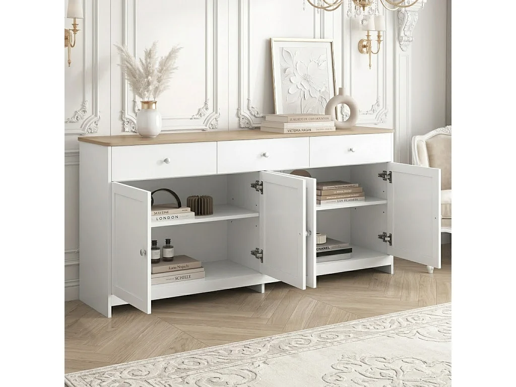 Buffet Cuisine, avec 3 Tiroirs et 4 Portes, Commode Blanche Blanc, Armoire de Cuisine, pour Salon, Bureau, 160x37x75cm