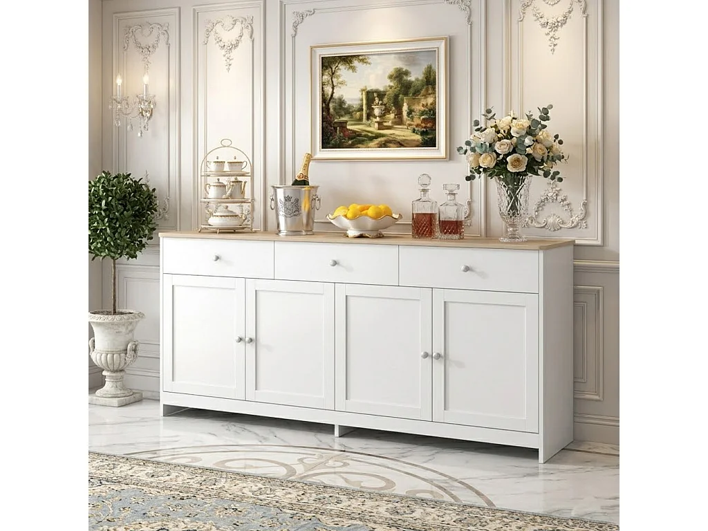 Buffet Cuisine, avec 3 Tiroirs et 4 Portes, Commode Blanche Blanc, Armoire de Cuisine, pour Salon, Bureau, 160x37x75cm
