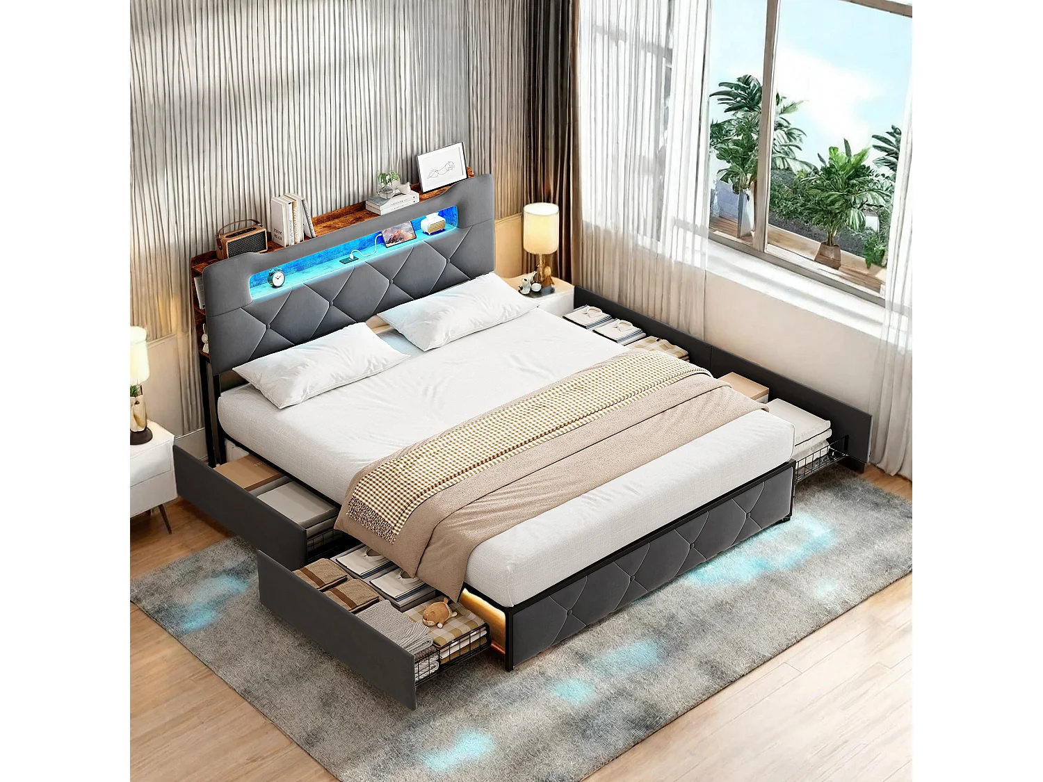 Lit 140x200 avec LED et USB,Cadre lits avec sommier à Lattes et 4 tiroirs,Tete de Lit avec rangement,Gris Velours