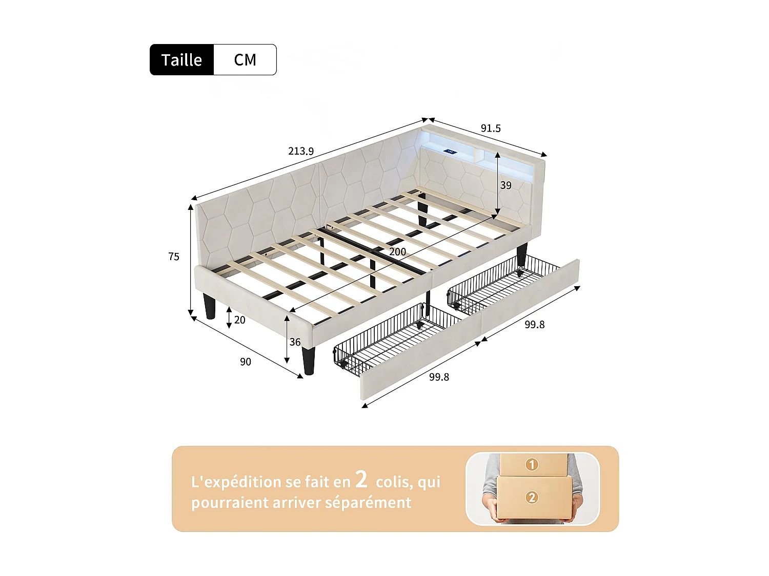 Lit 90x200 avec sommier, Lit gigogne avec 2 tiroirs,Canape lit avec LED et Ports USB,Beige Velours