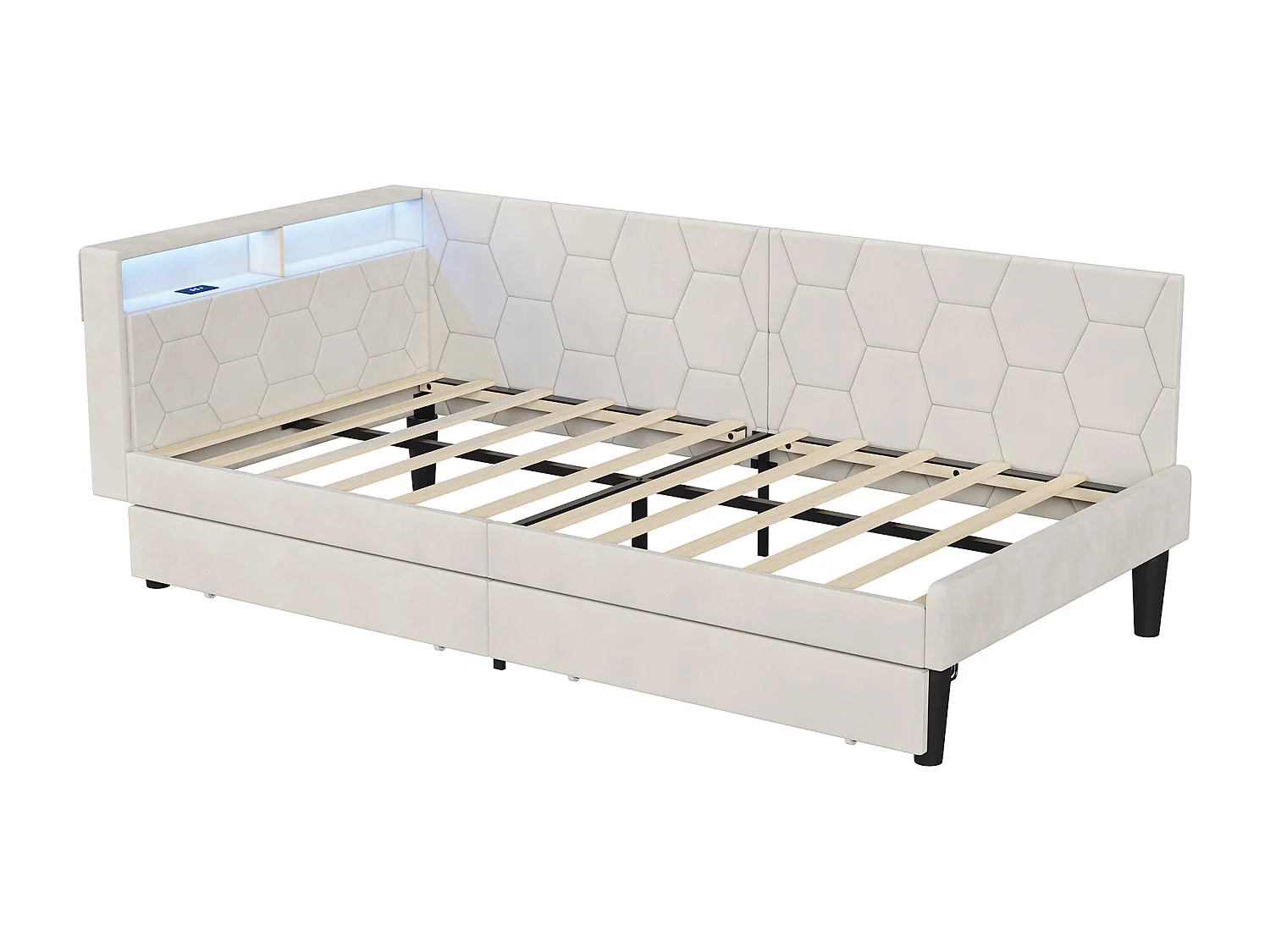 Lit 90x200 avec sommier, Lit gigogne avec 2 tiroirs,Canape lit avec LED et Ports USB,Beige Velours