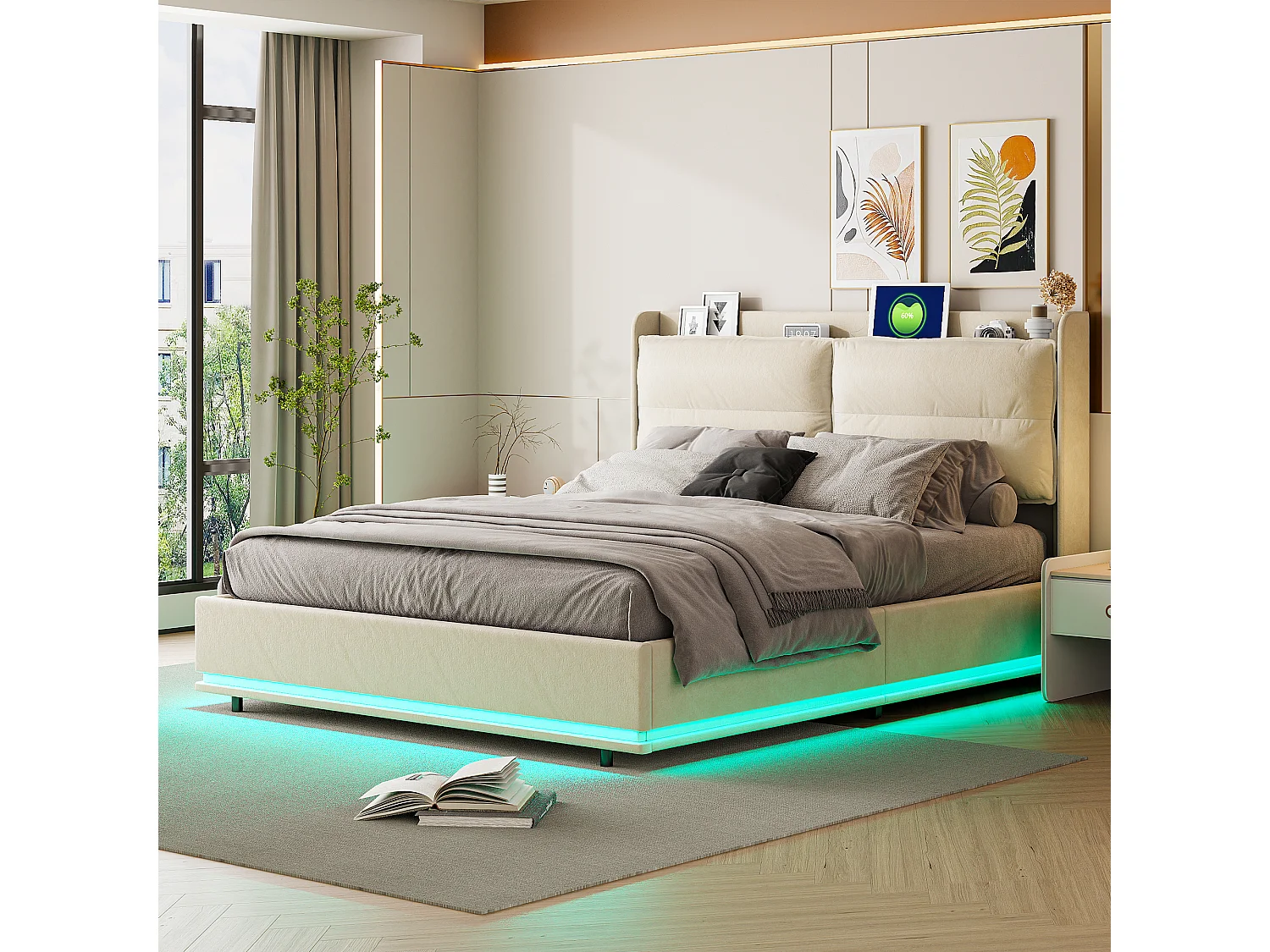Lit 140x200 avec Sommier,Lit coffre avec LED Réglable,Multiprise et Étagère Lits Flottant Rembourré,Beige Velours