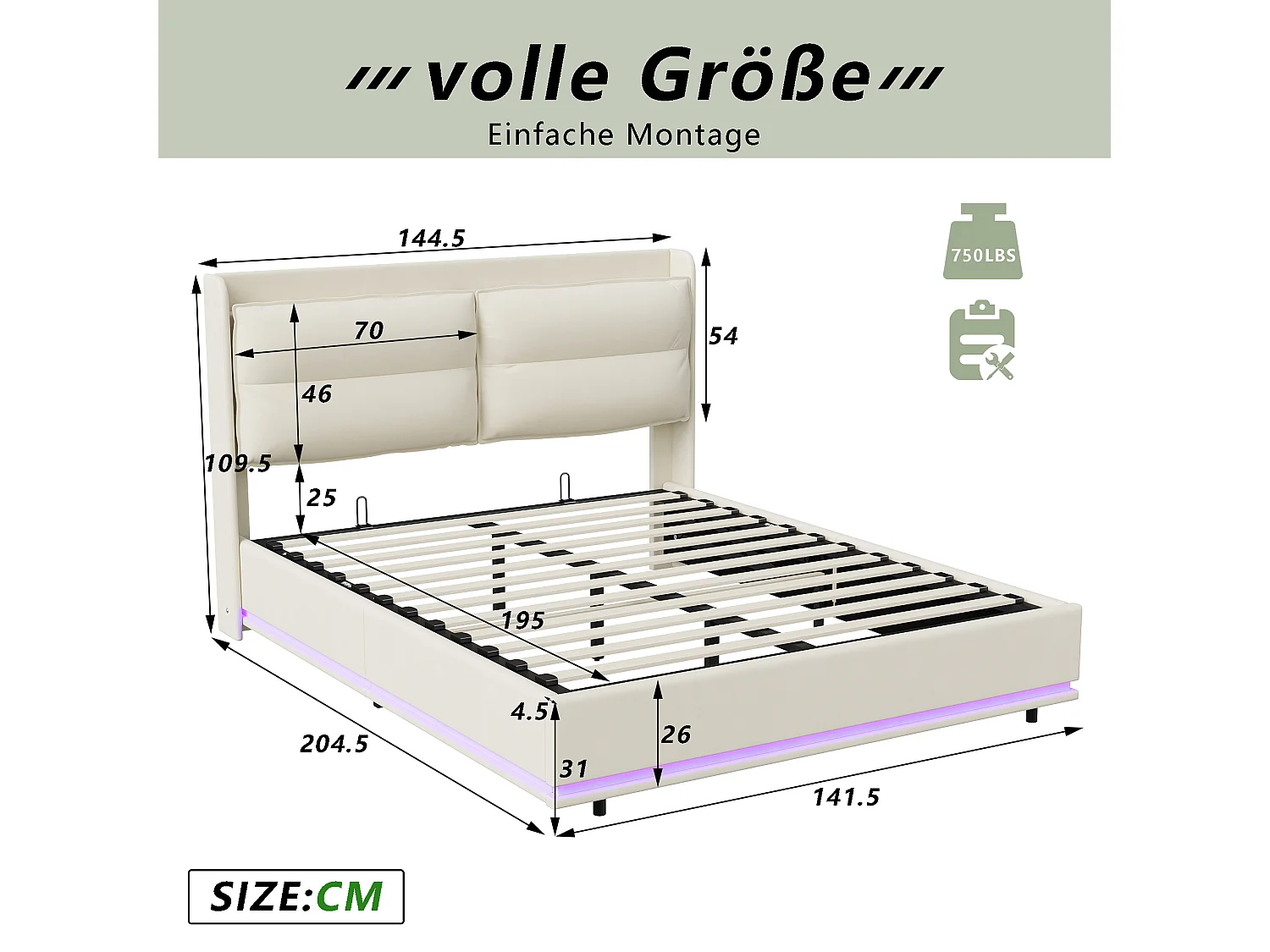 Lit 140x200 avec Sommier,Lit coffre avec LED Réglable,Multiprise et Étagère Lits Flottant Rembourré,Beige Velours