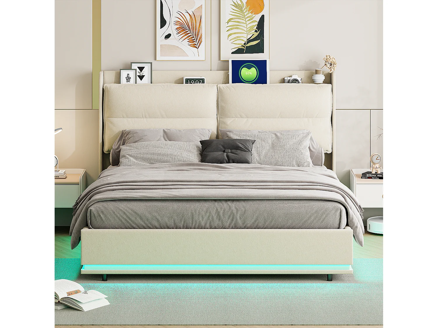 Lit 140x200 avec Sommier,Lit coffre avec LED Réglable,Multiprise et Étagère Lits Flottant Rembourré,Beige Velours