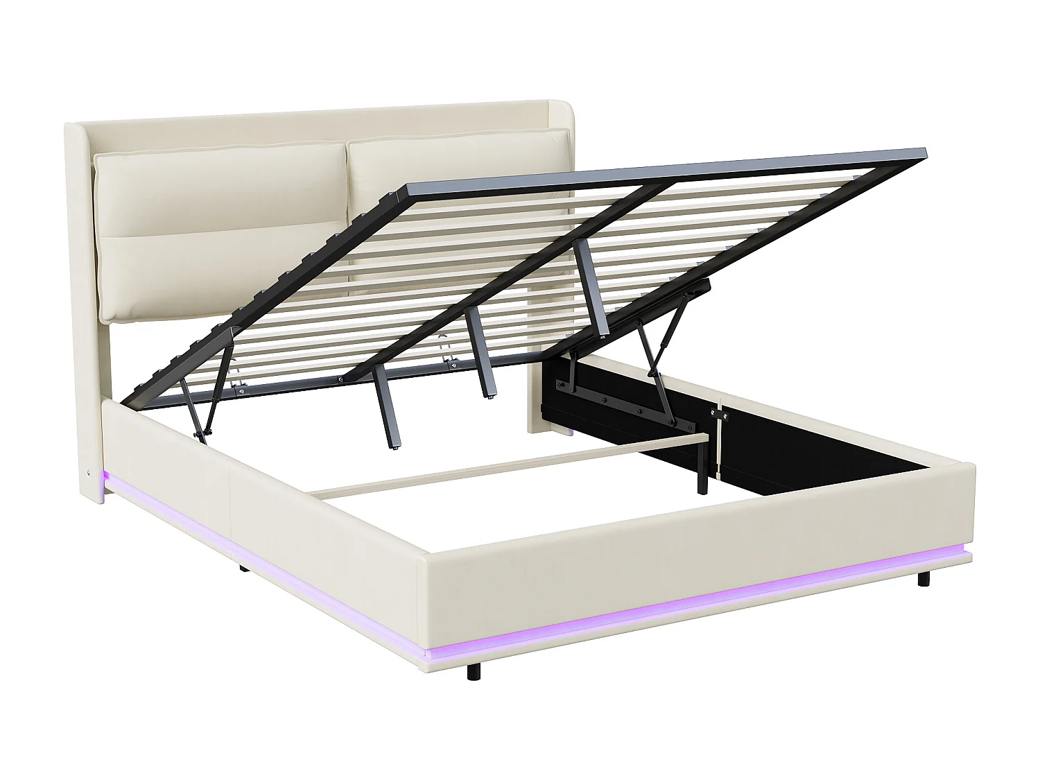 Lit 140x200 avec Sommier,Lit coffre avec LED Réglable,Multiprise et Étagère Lits Flottant Rembourré,Beige Velours