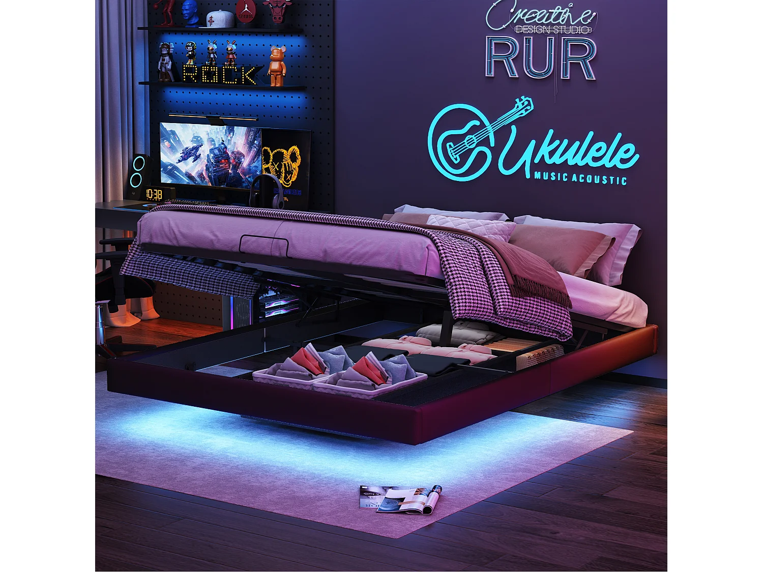 Lit 160 x 200 avec sommier à lattes,Cadre de lit flottant avec lumières LED et rangement,PU Noir