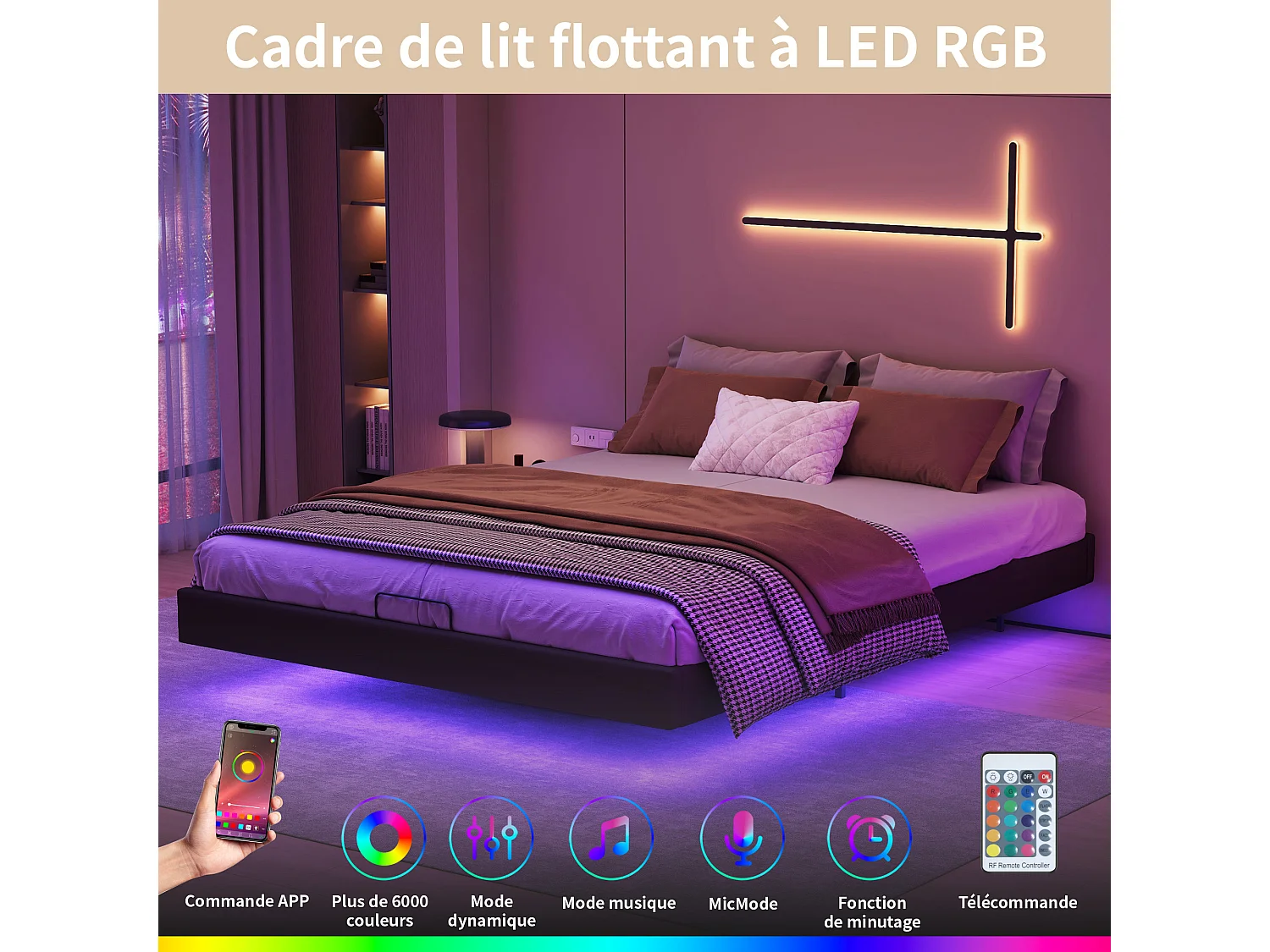 Lit 160 x 200 avec sommier à lattes,Cadre de lit flottant avec lumières LED et rangement,PU Noir
