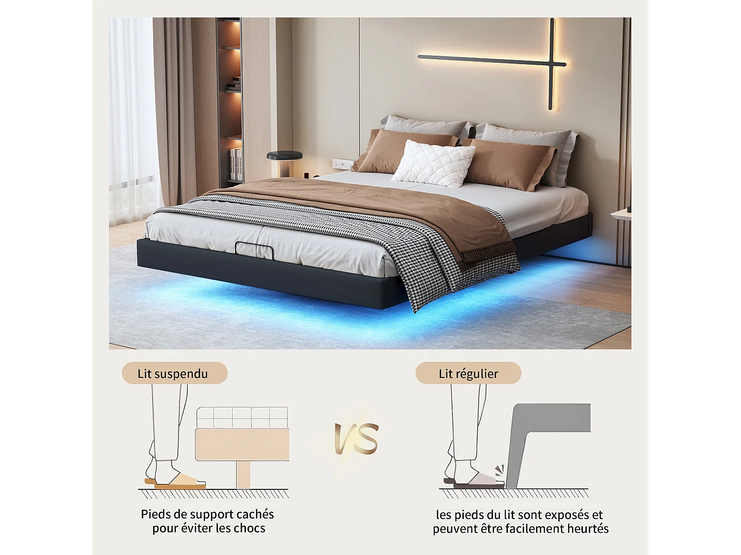 Lit 160 x 200 avec sommier à lattes,Cadre de lit flottant avec lumières LED et rangement,PU Noir