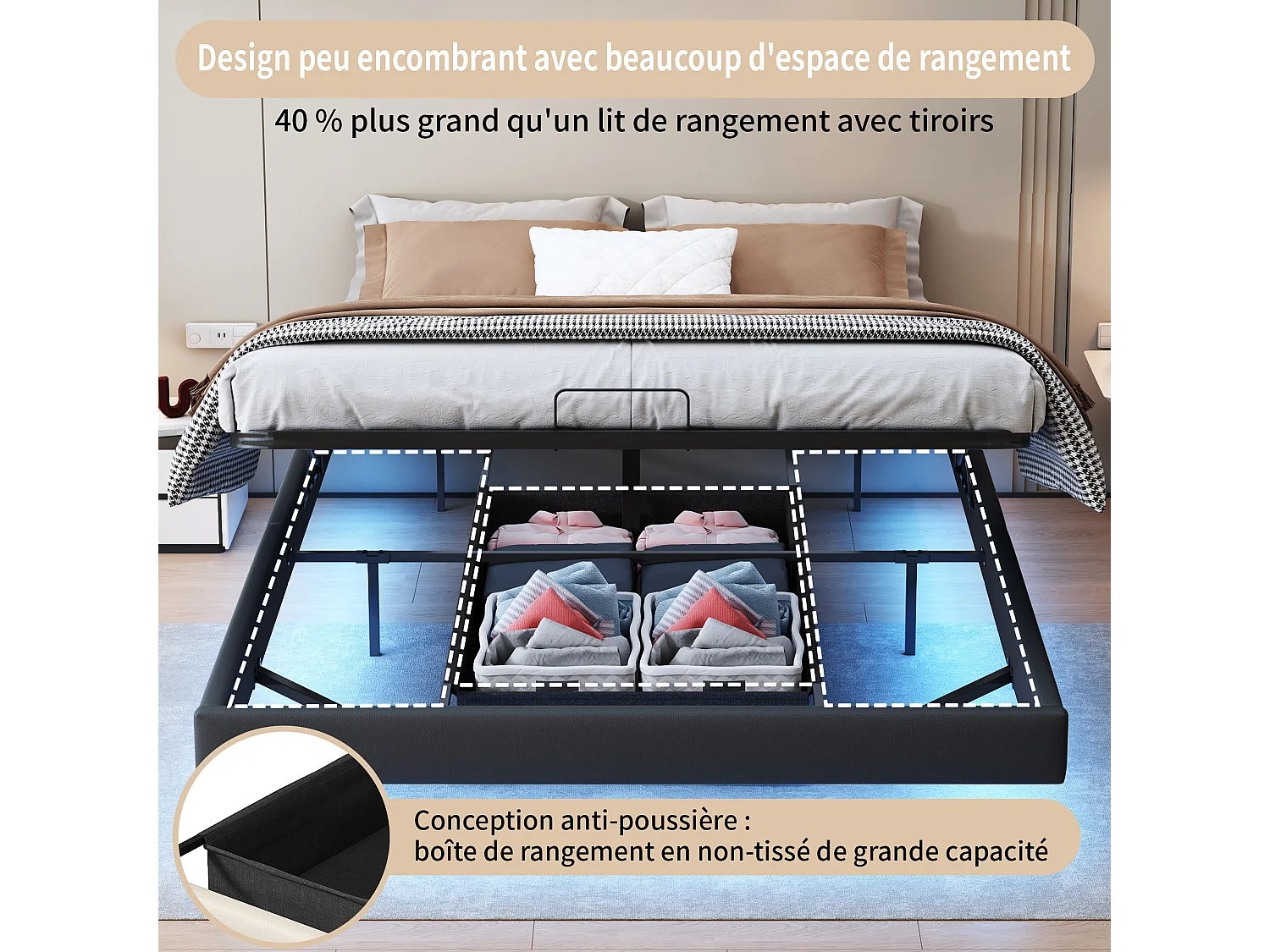 Lit 160 x 200 avec sommier à lattes,Cadre de lit flottant avec lumières LED et rangement,PU Noir