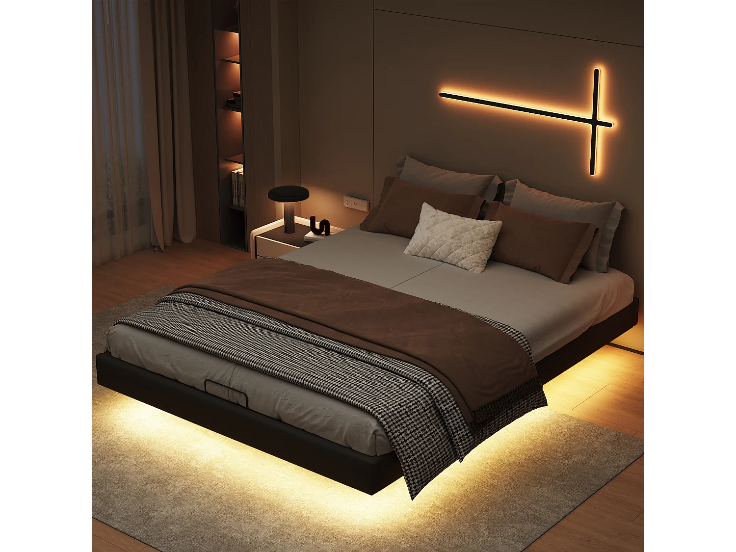 Lit 160 x 200 avec sommier à lattes,Cadre de lit flottant avec lumières LED et rangement,PU Noir
