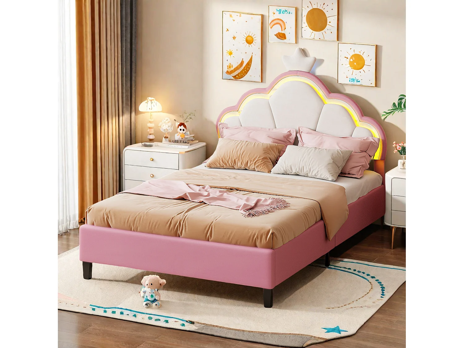 Lit Simple 140x200 en Forme de Couronne,LED Lit Enfant avec Tête lits rembourrée réglable,Rose Velours