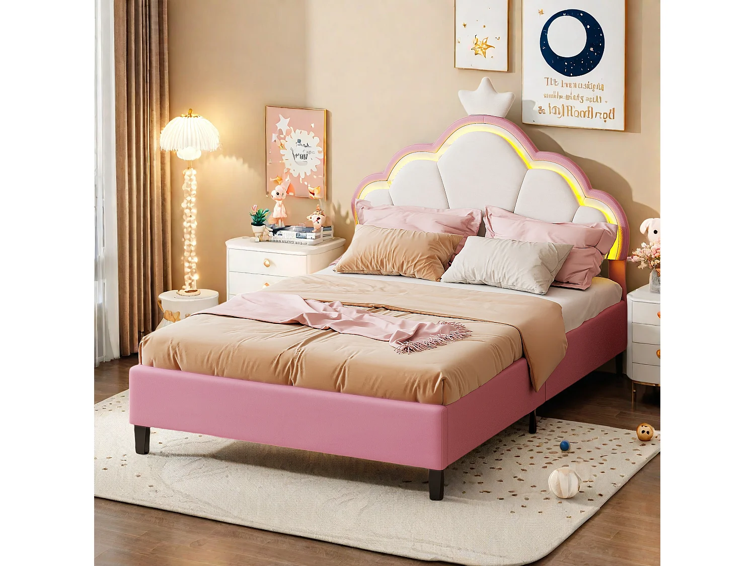 Lit Simple 140x200 en Forme de Couronne,LED Lit Enfant avec Tête lits rembourrée réglable,Rose Velours