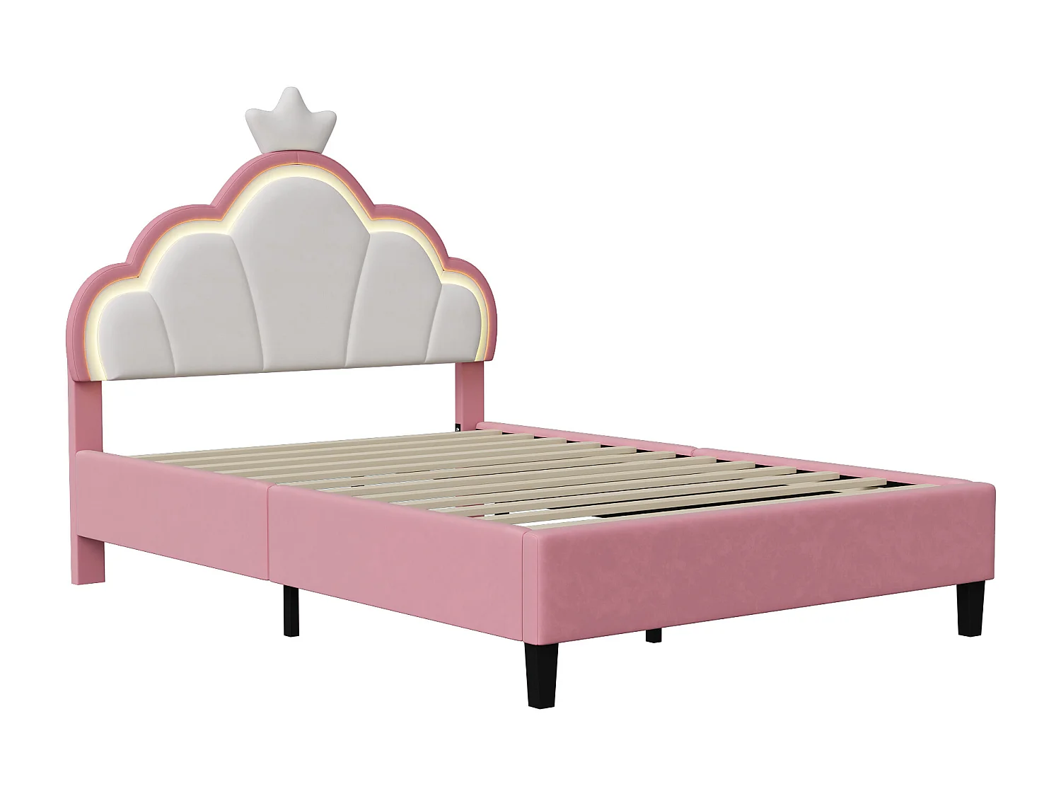 Lit Simple 140x200 en Forme de Couronne,LED Lit Enfant avec Tête lits rembourrée réglable,Rose Velours