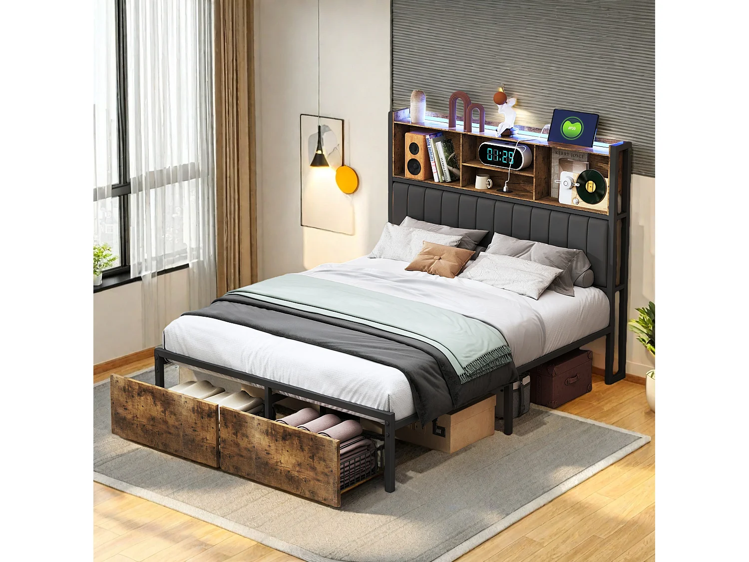 Lit Double 160x200cm,avec 2 Tiroirs,Lits Capitonné avec LED et Prises USB,PU Tête de Lit avec Rangement