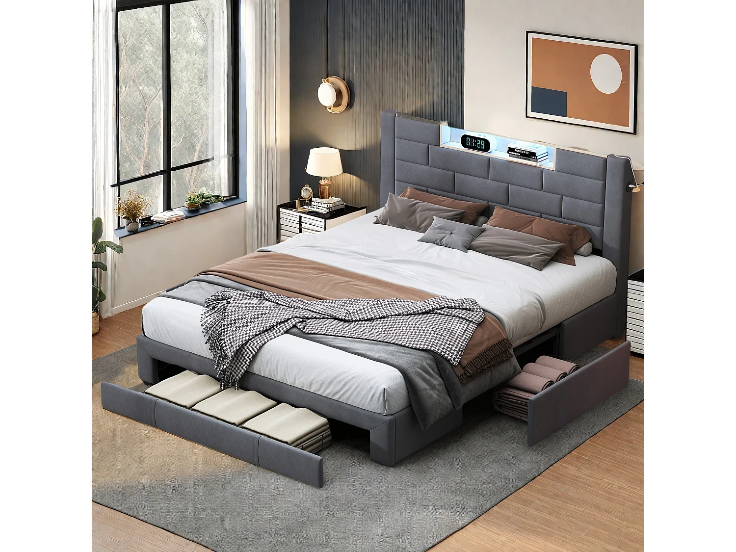 Lit Double 160x200,Lit Coffre avec Rangement et Sommier à Lattes,Cadre lits avec tiroirs,USB et LED,Gris Velours