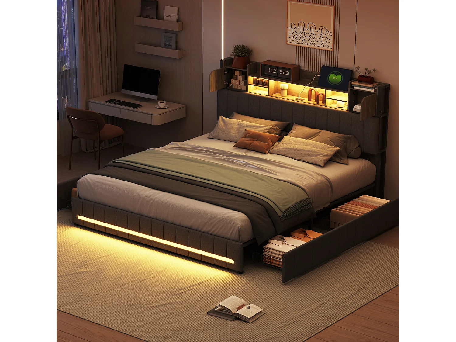 Lit Coffre 140x200 avec Sommier LED et USB,Cadre à Lattes et 4 Tiroirs,Tete de lit avec Rangement,Lin Gris