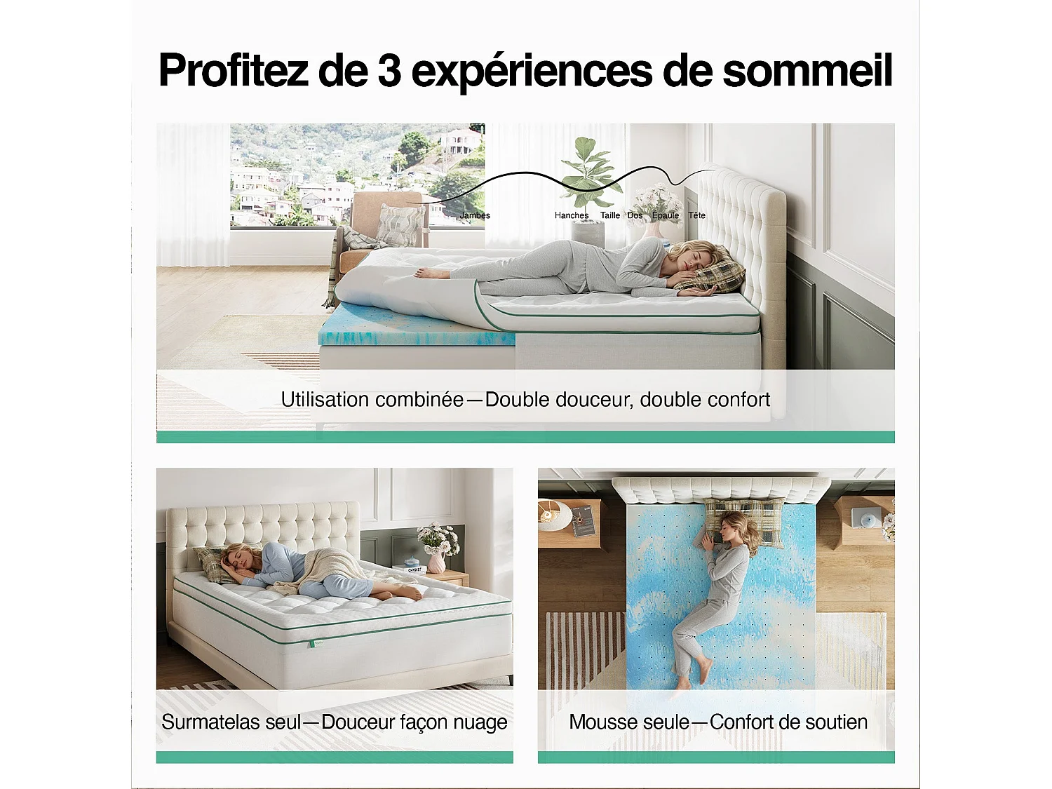 Novilla Surmatelas 2 en 1 140 x 190 cm, épaisseur 5 cm, mousse à mémoire de forme au gel, housse matelassée lavable