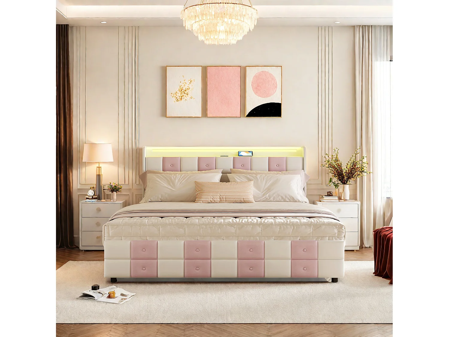 Lit coffre 140x190 avec 4 Tiroir,LED Lit avec ports USB,Cadre Lits rembourré avec Sommier à Lattes,Blanc Velours