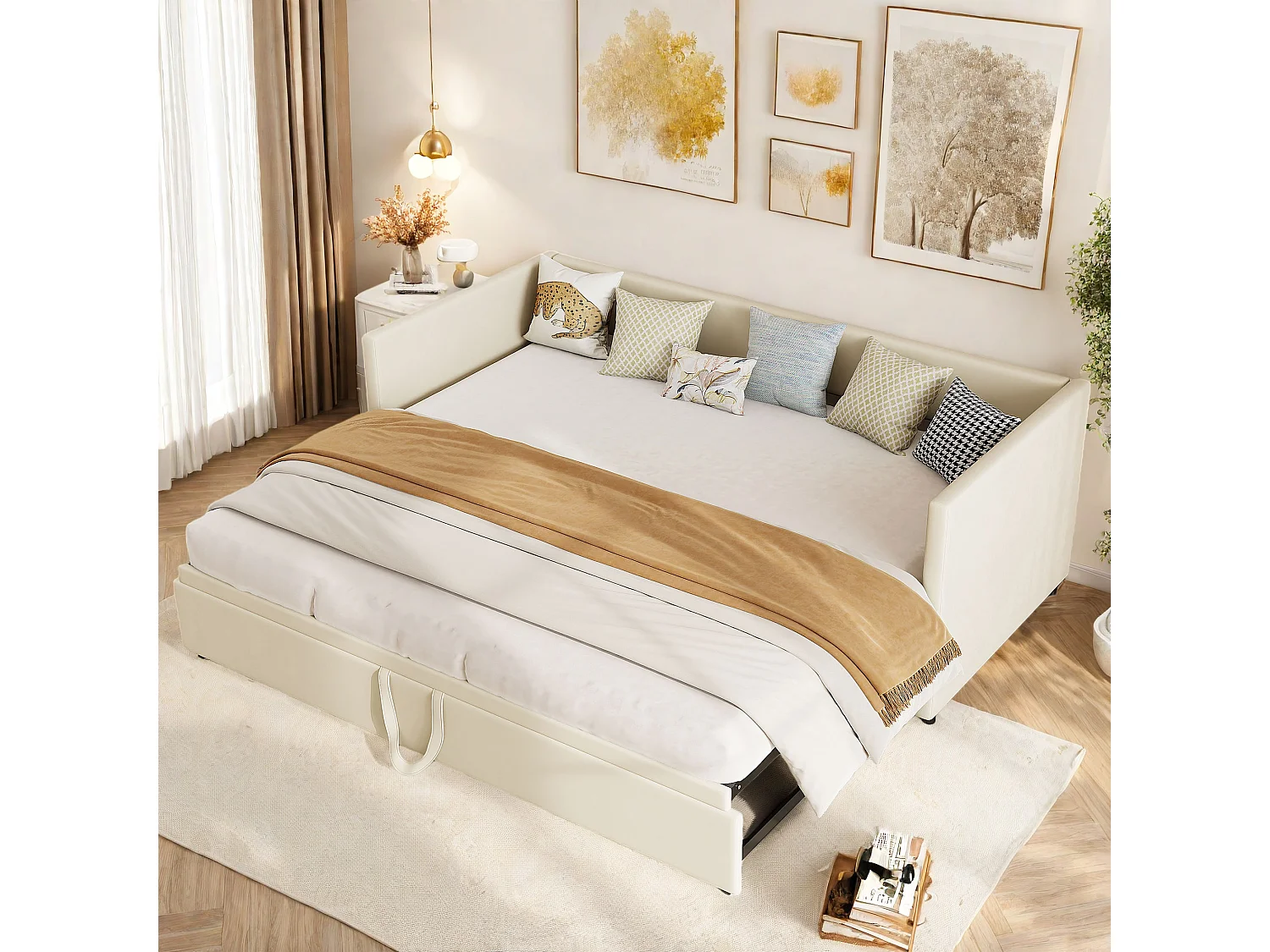 Canapé lit convertible 90/180x200 cm, Clic clac 2 places avec accoudoirs, sommier à Lattes, Beige Velours