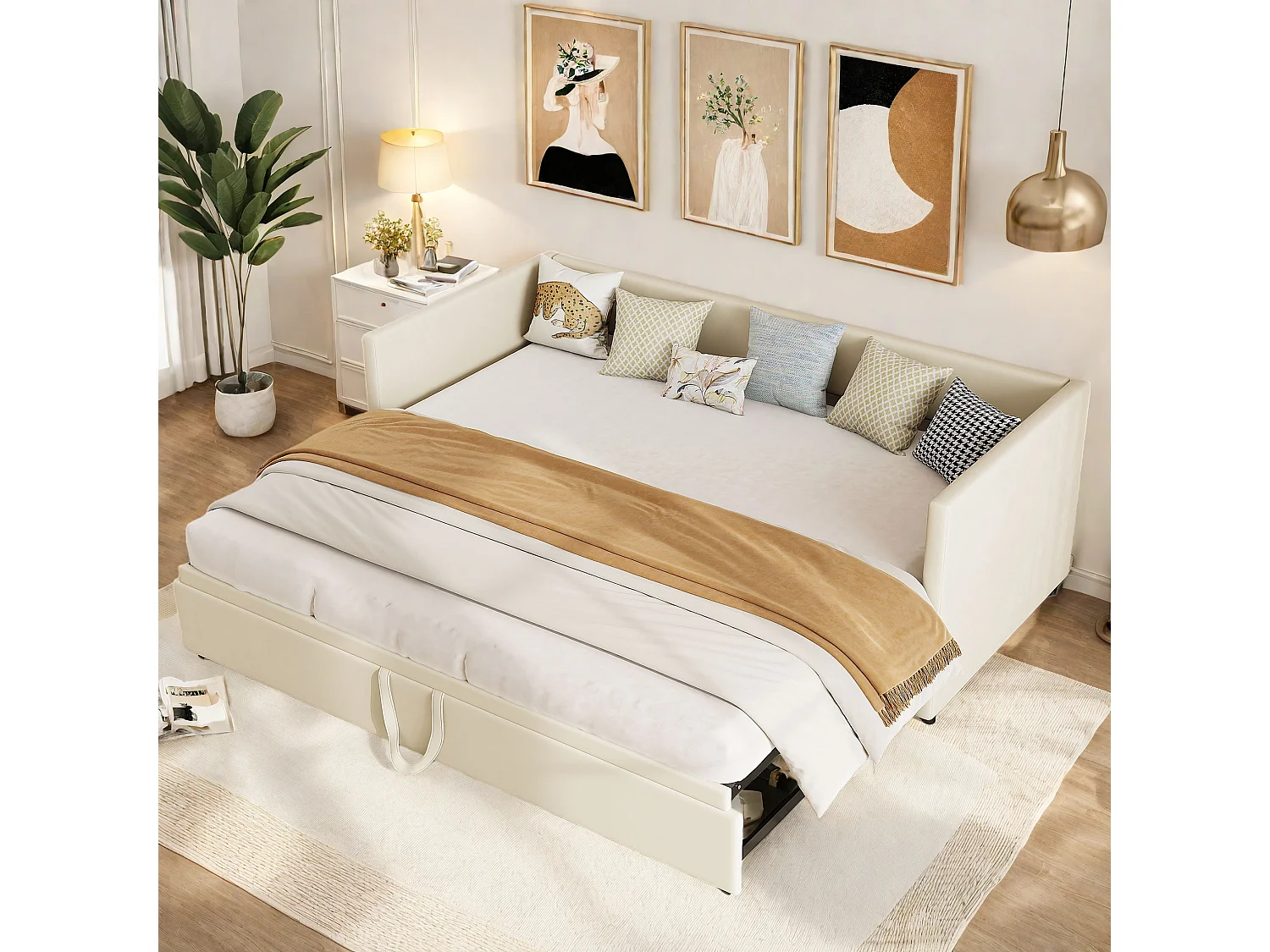 Canapé lit convertible 90/180x200 cm, Clic clac 2 places avec accoudoirs, sommier à Lattes, Beige Velours