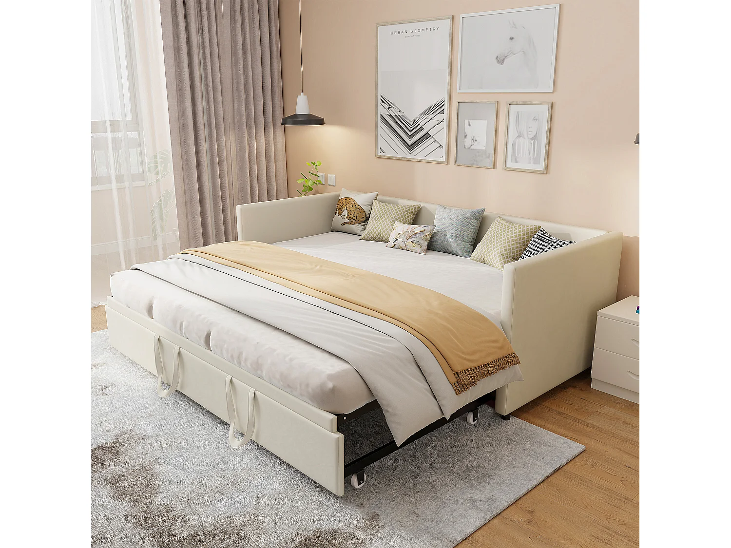 Lit gigogne 90 x 200 cm - lit canapé en tissu velours - Avec sommier peigne - Beige