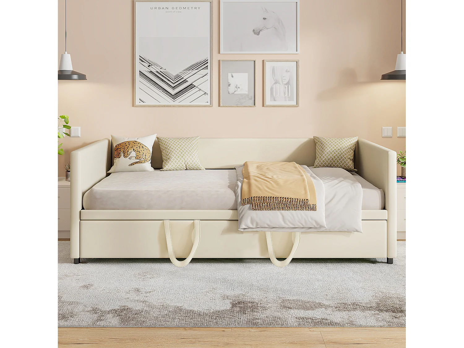 Lit gigogne 90 x 200 cm - lit canapé en tissu velours - Avec sommier peigne - Beige