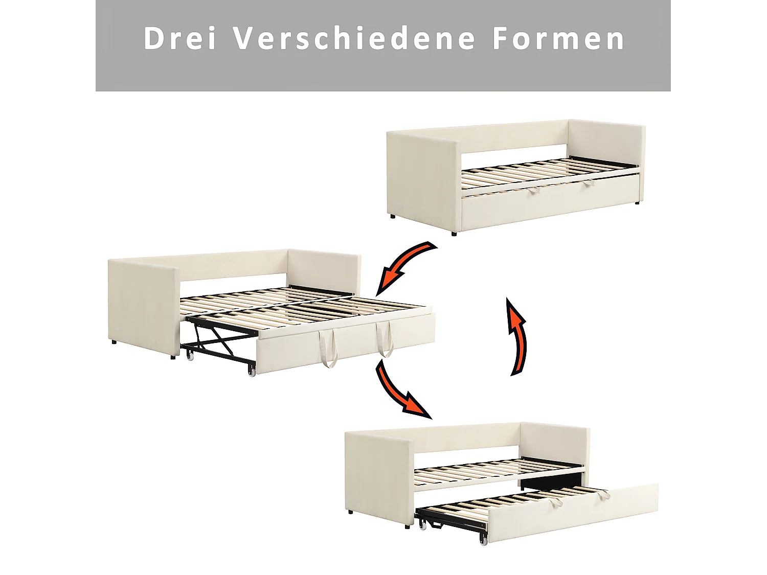 Lit gigogne 90 x 200 cm - lit canapé en tissu velours - Avec sommier peigne - Beige