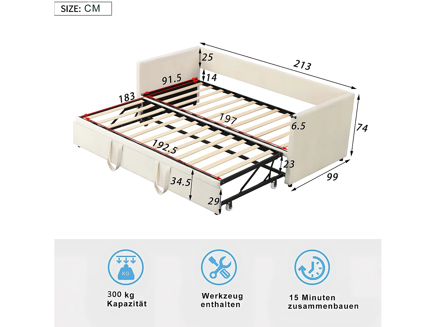 Lit gigogne 90 x 200 cm - lit canapé en tissu velours - Avec sommier peigne - Beige