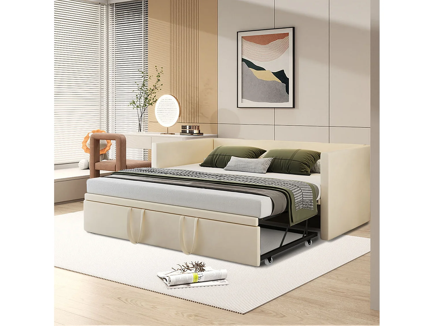 Lit gigogne 90 x 200 cm - lit canapé en tissu velours - Avec sommier peigne - Beige