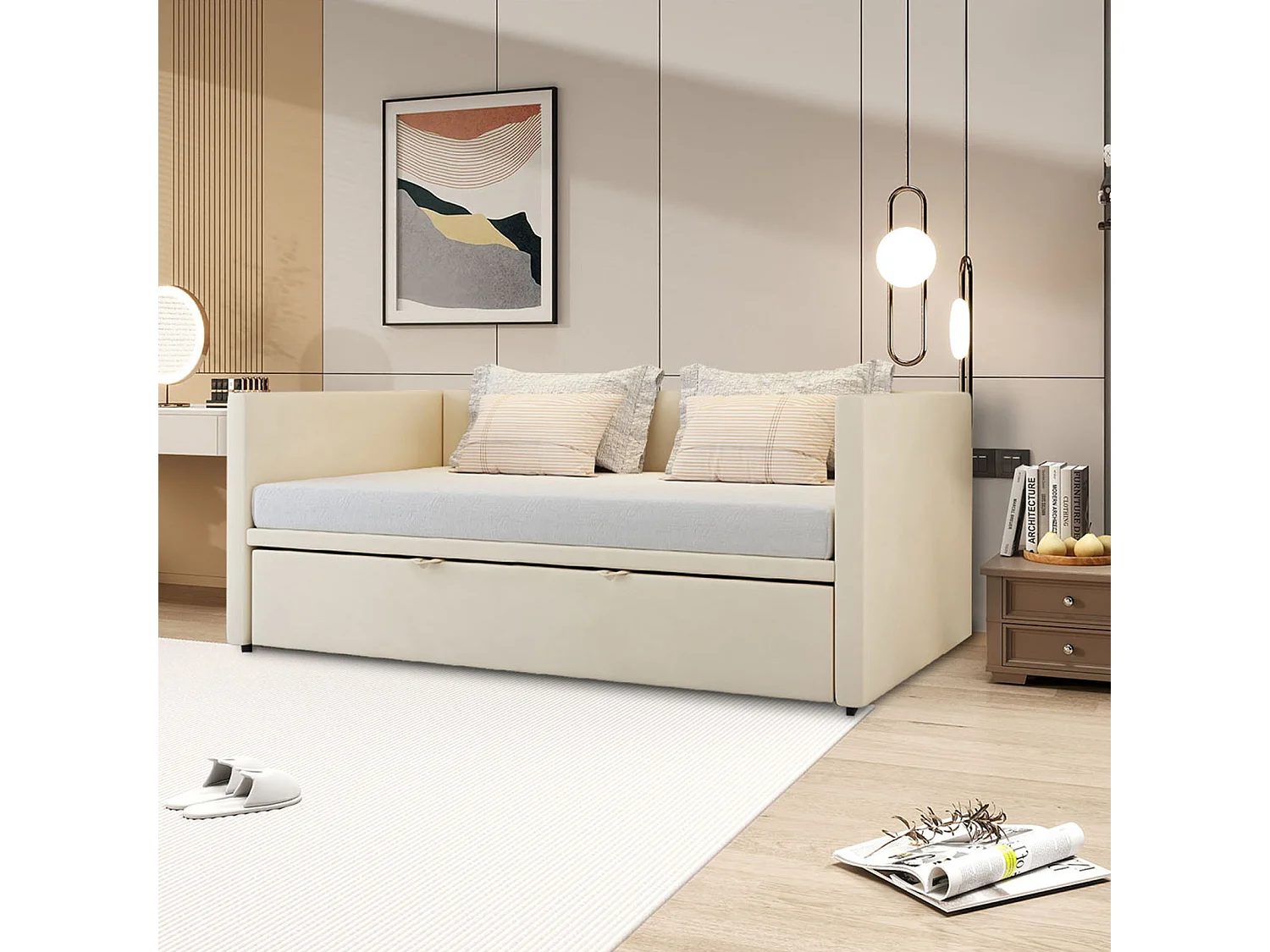 Lit gigogne 90 x 200 cm - lit canapé en tissu velours - Avec sommier peigne - Beige