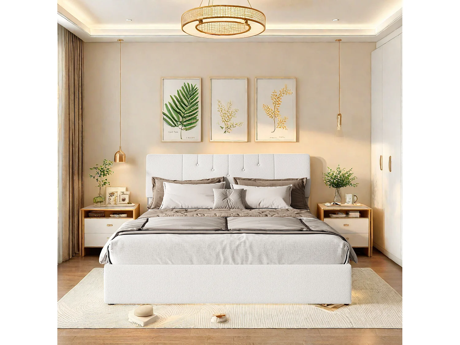 Lit coffre 140x190 avec Rangement,Lit double avec USB ports,Tête de Lits Réglable en Hauteur,pour Adultes,Blanc Velours