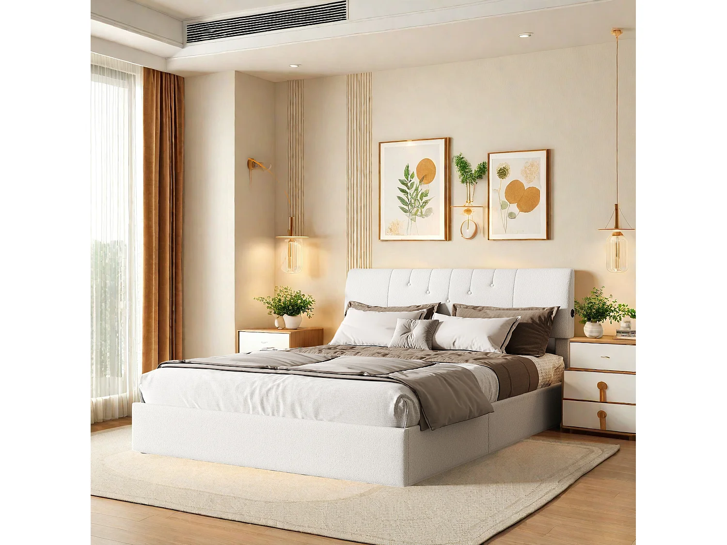Lit coffre 140x190 avec Rangement,Lit double avec USB ports,Tête de Lits Réglable en Hauteur,pour Adultes,Blanc Velours