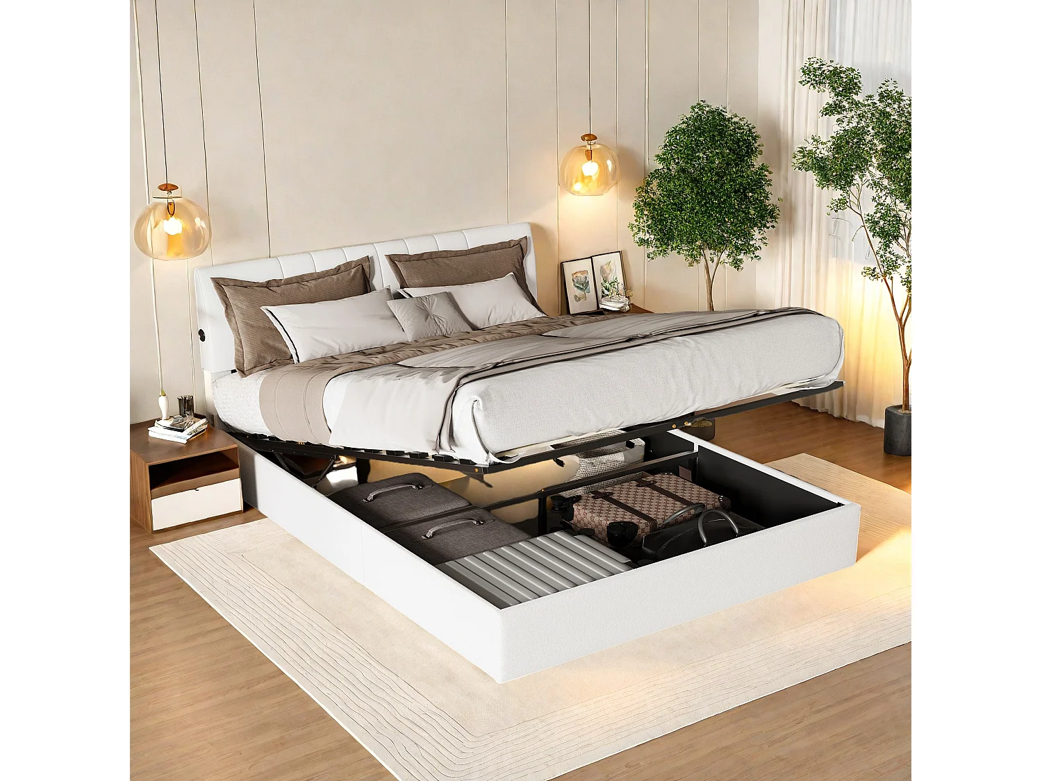 Lit coffre 140x190 avec Rangement,Lit double avec USB ports,Tête de Lits Réglable en Hauteur,pour Adultes,Blanc Velours