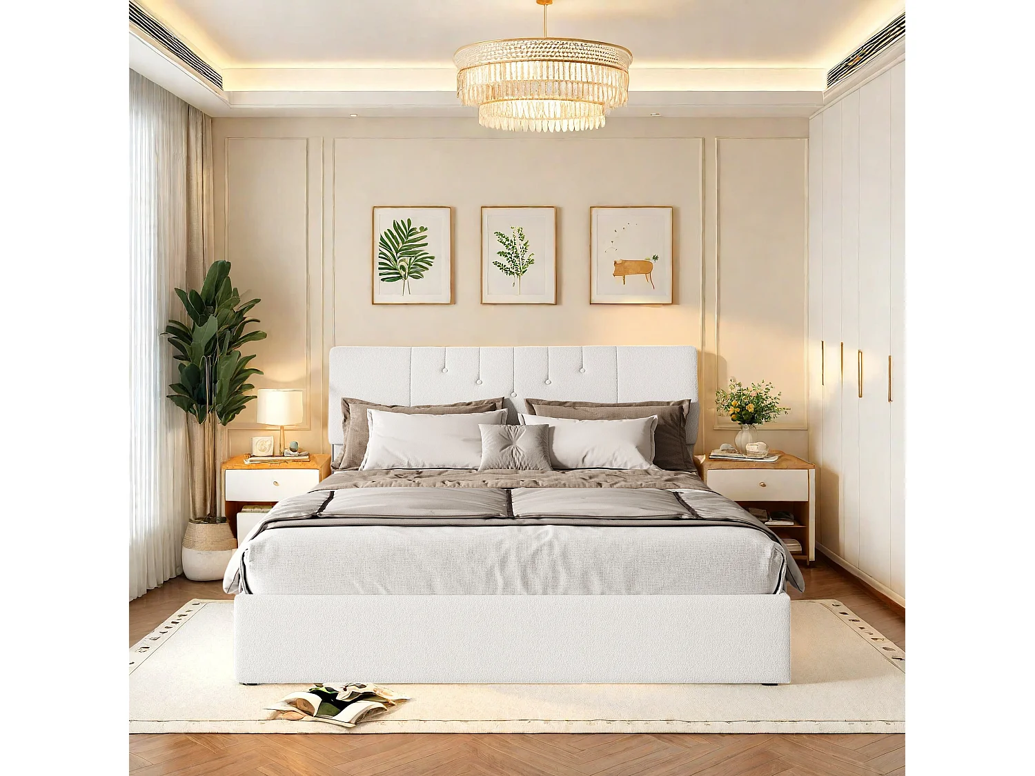Lit coffre 140x190 avec Rangement,Lit double avec USB ports,Tête de Lits Réglable en Hauteur,pour Adultes,Blanc Velours