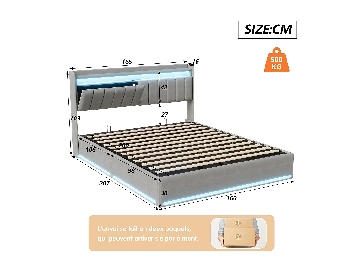 LED Lit coffre 160x200, Lit double avec port USB, Tête de lit rangement ouvertes/dissimule, Cadre lits Gris Velours