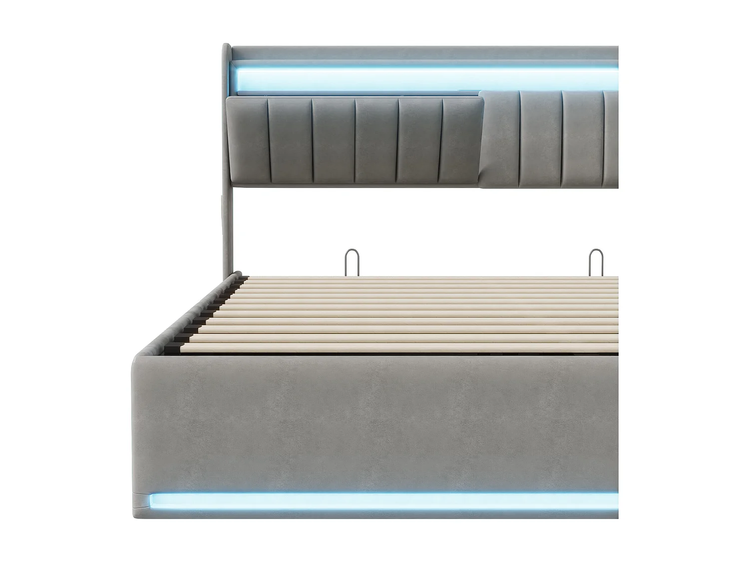 LED Lit coffre 160x200, Lit double avec port USB, Tête de lit rangement ouvertes/dissimule, Cadre lits Gris Velours