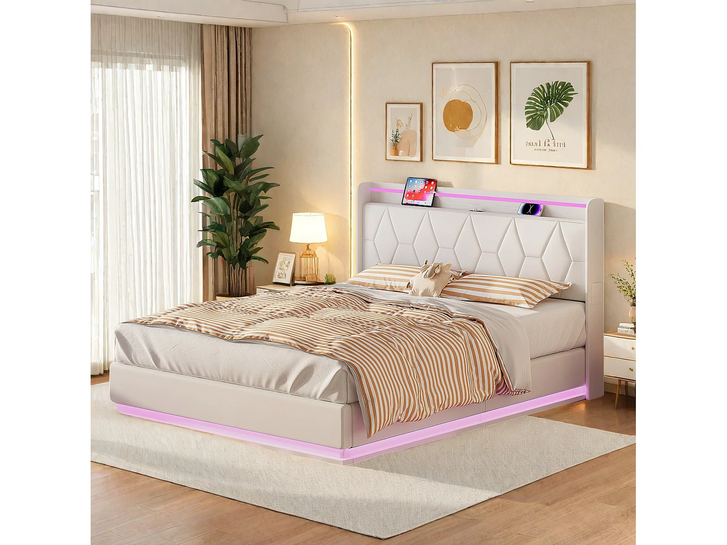 Lit 160x200 Coffre,Lit avec Sommier Hydraulique,Tête lit avec étagères ouvertes & Ports USB,Cadre de Lit LED,Blanc Velours