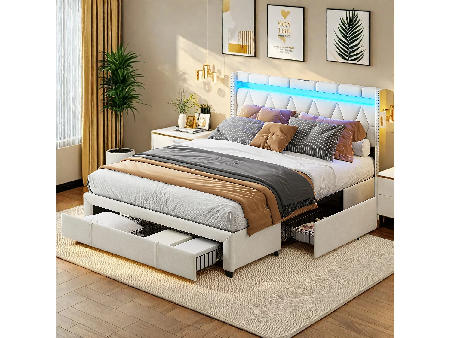 Lit 160x200 avec sommier à Lattes et 4 Tiroirs,Tete de lit avec ports USB/C et lumière LED,Beige Lin