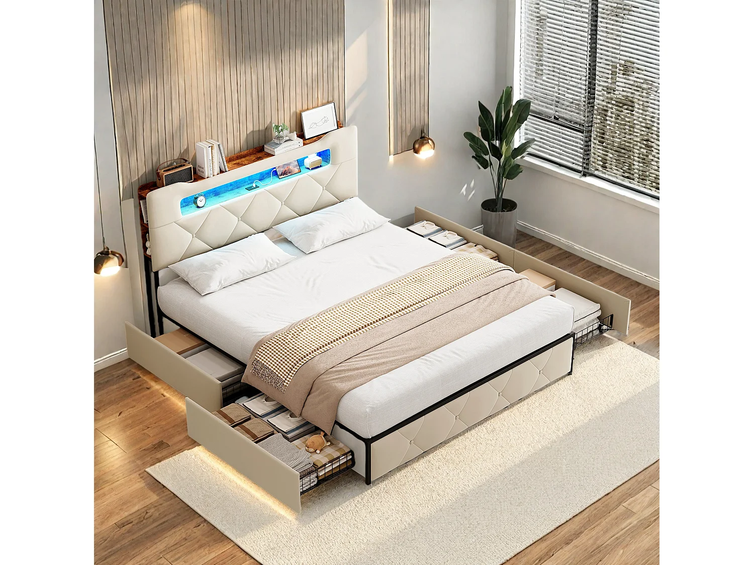 Lit 140x190 avec tiroir , Cadre lit coffre avec LED et USB, Tete de Lit avec Rangement, Beige Velours