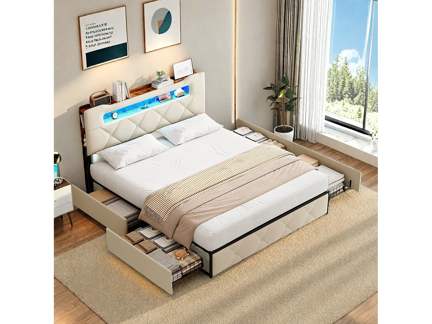 Lit 140x190 avec tiroir , Cadre lit coffre avec LED et USB, Tete de Lit avec Rangement, Beige Velours