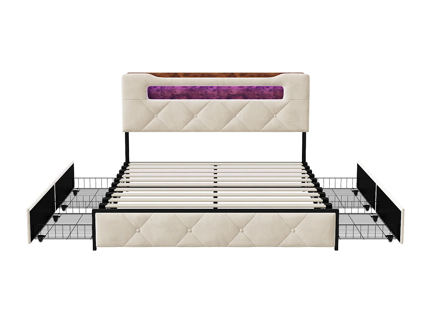 Lit 140x190 avec tiroir , Cadre lit coffre avec LED et USB, Tete de Lit avec Rangement, Beige Velours